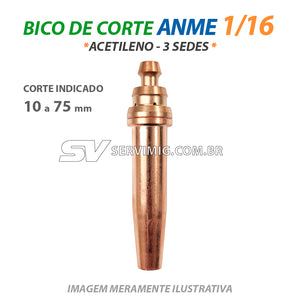 Bico de Corte ANME 1/16 - N 3 - Acetileno - 3 Sedes - Corte 10 a 75 mm