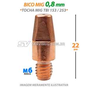 Bico Mig 0,8mm - Rosca M6 x 22mm - Tocha Mig TBI 153 - 253