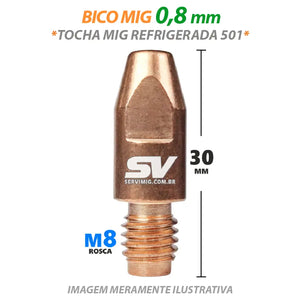 Bico Mig 0,8mm - Rosca M8 x 30mm - Tocha Mig Refrigerada 501