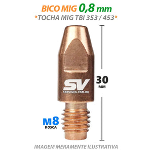 Bico Mig 0,8mm - Rosca M8 x 30mm - Tocha Mig TBI 353 - 453