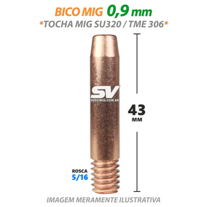 Bico Mig 0,9mm - Rosca 5/16 x 43mm - Tocha Mig SU320 - TME306