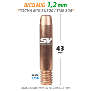 Bico Mig 1,2mm - Rosca 5/16 x 43mm - Tocha Mig SU320 - TME306