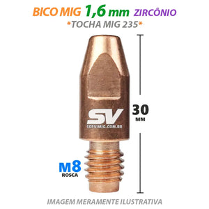 Bico Mig 1,6mm Zirconio - M8 x 30mm - Tocha Mig 235