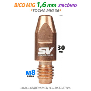 Bico Mig 1,6mm Zirconio - M8 x 30mm - Tocha Mig 36