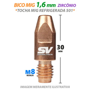 Bico Mig 1,6mm Zirconio - M8 x 30mm - Tocha Mig Refrigerada 501