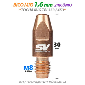 Bico Mig 1,6mm Zirconio - M8 x 30mm - Tocha Mig TBI 353 - 453