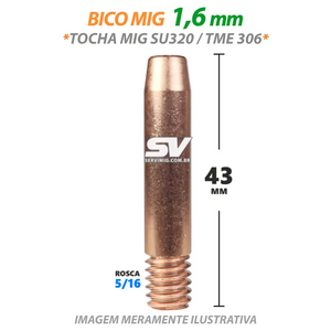 Bico Mig 1,6mm - Rosca 5/16 x 43mm - Tocha Mig SU320 - TME306