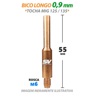 Bico Mig Longo 0,9mm - Rosca M6 x 55mm - Tocha Mig 125 - 135