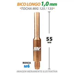 Bico Mig Longo 1,0mm - Rosca M6 x 55mm - Tocha Mig 125 - 135