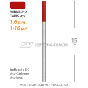 Eletrodo Tungstenio Torio 2% - Ponta Vermelha 1,6mm - 1/16 pol
