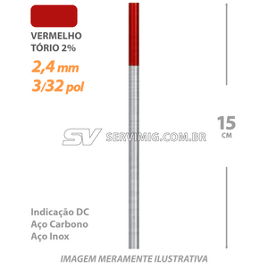 Eletrodo Tungstenio Torio 2% - Ponta Vermelha 2,4mm - 3/32 pol