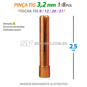 Pinça Tig 3,2mm - 1/8 - 2,5cm - 13N24 - Tochas 9 -12 -21