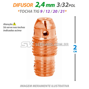 Difusor de Gas 2,4mm - 3/32 - 2cm - 13N28 - Tochas 9 -12 -21