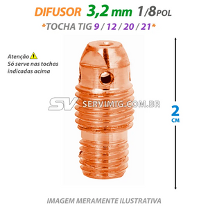 Difusor de Gas 3,2mm - 1/8 - 2cm - 13N29 - Tochas 9 -12 -21