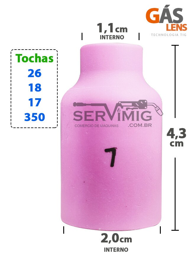 Bocal Gas Lens Tig nº 7 para tochas 26 -17 -18 -350