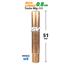 Bico Mig Longo 0,8mm - Rosca M8 x 51mm - Tocha Mig 235