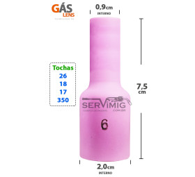 Bocal Gas Lens Longo Tig nº 6 para tochas 26 -17 -18 -350
