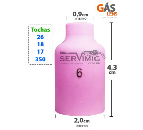 Bocal Gas Lens Tig nº 6 para tochas 26 -17 -18 -350