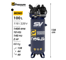 Compressor Pressure 10 Pes - 100L - 140Psi - 110 / 220V Monofasico