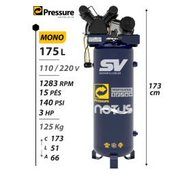 Compressor Pressure 15 Pes - 175L - 140Psi - 110 / 220V Monofasico