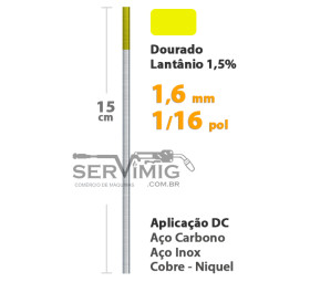 Eletrodo Tungstênio Lantânio 1,5% Ponta Dourada 1,6mm - 1/16 pol