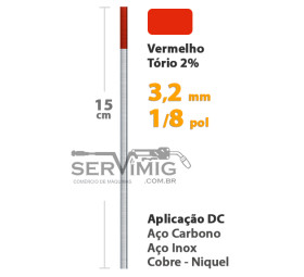 Eletrodo Tungstênio Tório 2% - Ponta Vermelha 3,2mm - 1/8 pol
