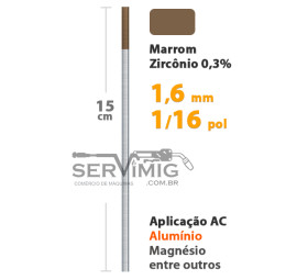 Eletrodo Tungstênio Zircônio 0,3% Ponta Marrom 1,6mm - 1/16 pol