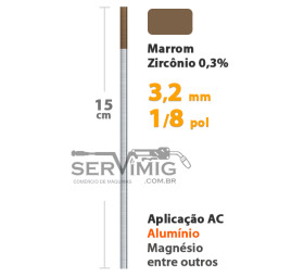Eletrodo Tungstênio Zircônio 0,3% Ponta Marrom 3,2mm - 1/8 pol