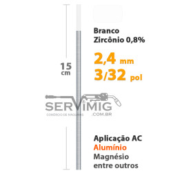 Eletrodo Tungstênio Zircônio 0,8% Ponta Branca 2,4mm - 3/32 pol