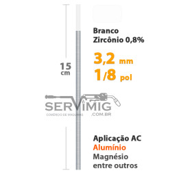 Eletrodo Tungstênio Zircônio 0,8% Ponta Branca 3,2mm - 1/8 pol