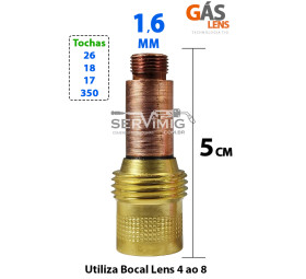 Difusor de Gás Lens Tig 1,6mm - 1/16 - Leve para bocal 4 ao 8