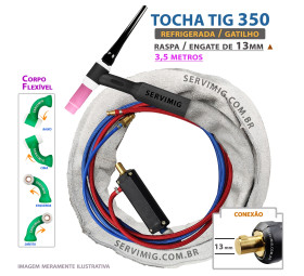 Tocha Tig Refrigerada Flexível 350 - 3,5 metros -Engate 13mm / Raspa