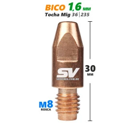 Bico Mig 1,6mm - Rosca M8 x 30mm - Tocha 36 - 235