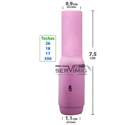 Bocal Ceramico Longo Tig nº 6 para tochas 26 -17 -18 -350