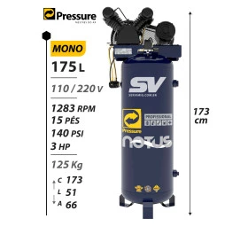Compressor Pressure 15 Pes - 175L - 140Psi - 110 / 220V Monofasico