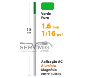 Eletrodo Tungstênio Puro 99,5% -Ponta Verde 1,6mm - 1/16 pol