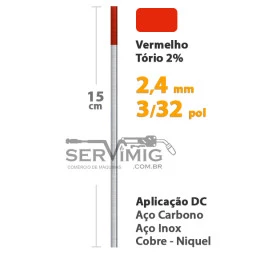 Eletrodo Tungstenio Torio 2% - Ponta Vermelha 2,4mm - 3/32 pol